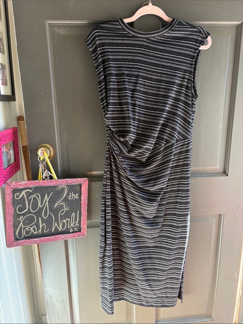 Sleeveless Black & White Striped Draped Midi Dress